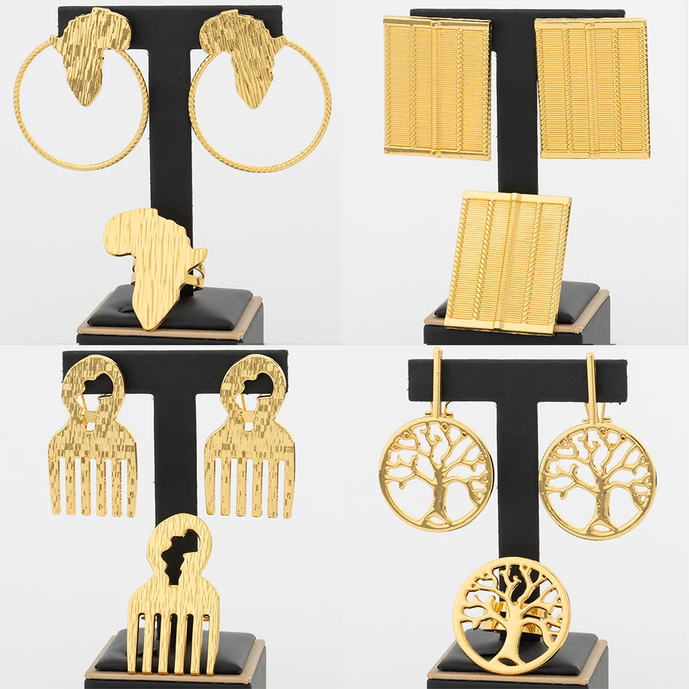 4sets Earrings and Rings Dubai 18k Gold Color Copper Jewelry Set Wholesale African Maps Shape Ethnic Geometry Jewelry Ornaments
