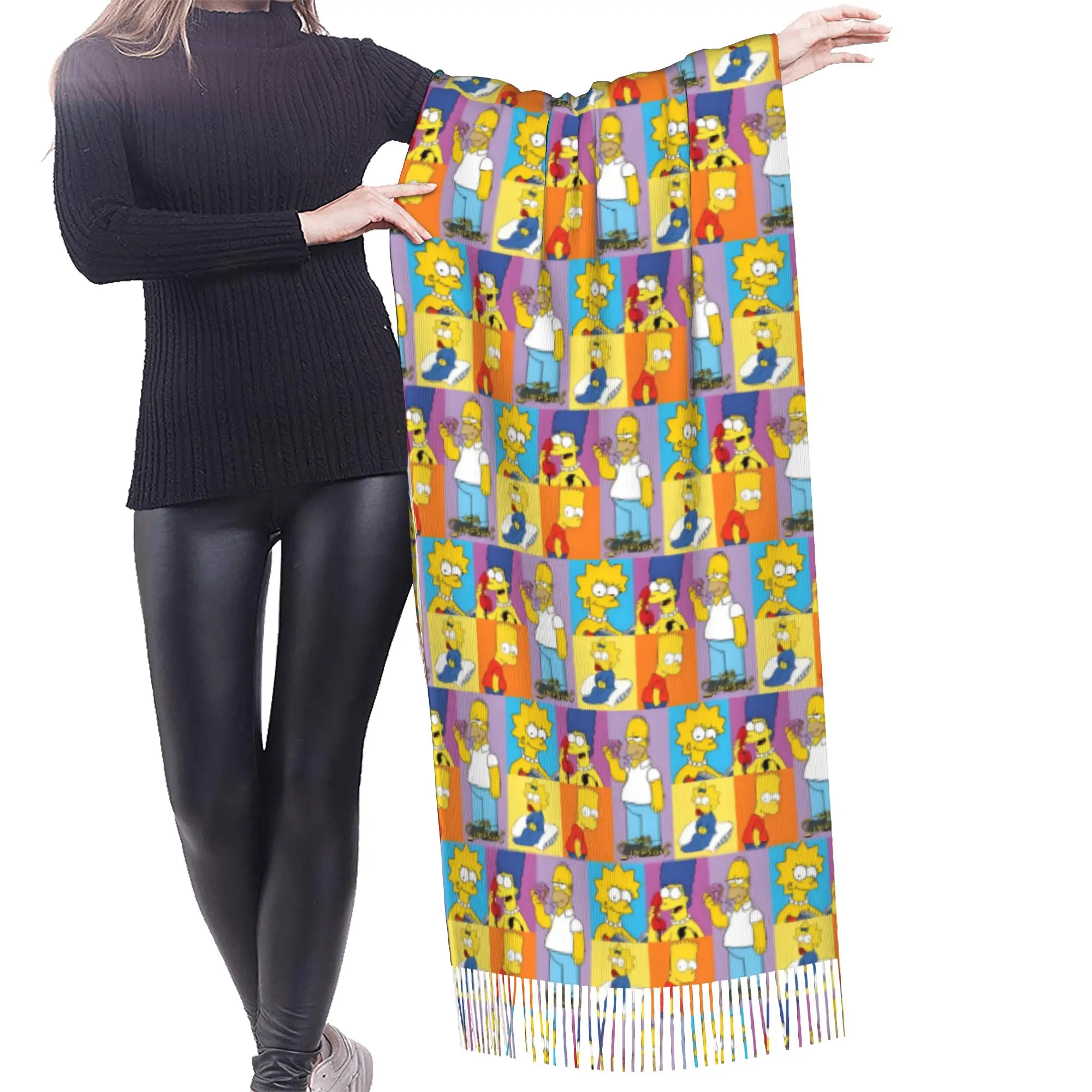 Custom Female Large S-Simpsonsed Anime Scarves Women Winter Thick Warm Tassel Shawl Wrap Homer Cartoon Scarf
