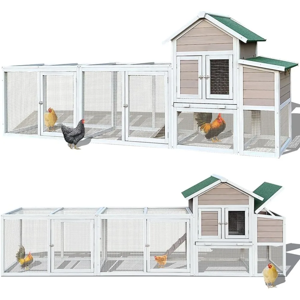 Large Outdoor Solid Wood Rabbit Hutch Poultry House with Run,Nesting Box & Leakproof Pull-on Tray, Weatherproof Chicken Run Cage