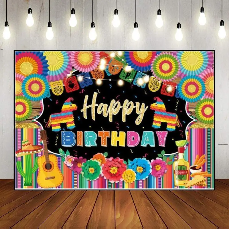 Party Wall Colorful Banner Backdrop Photography Decoration Happy Birthday Cinco De Mayo Mexican Fiesta Theme Mexico Custom Photo