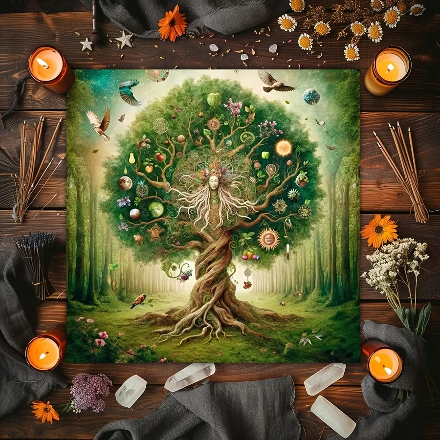 1pc Tarot Altar Cloth of Goddess & Tree‑of‑Life, Mystical Forest Mother‑Earth Mat, Tarot Reading Spread Cloth