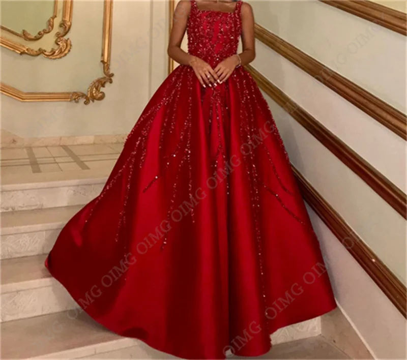 OIMG elegante abito da sera in raso lungo scintillante con paillettes rosse 2024 una linea senza spalline lunghezza del pavimento Sweep abiti da ballo formali