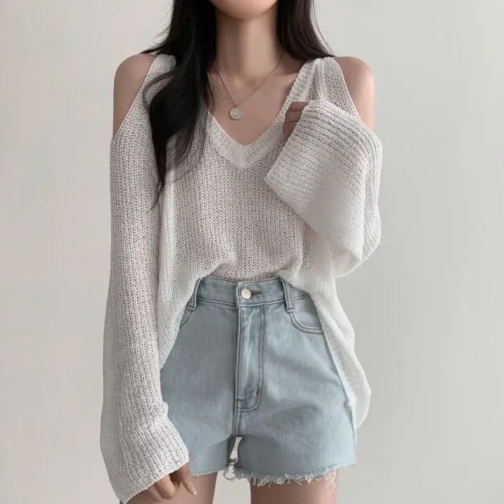 GIDYQ Oversize Off Shoulder Sweater Women V Neck Long Sleeve Thin Knitwear Korean Retro Loose All Match Casual Pullovers New