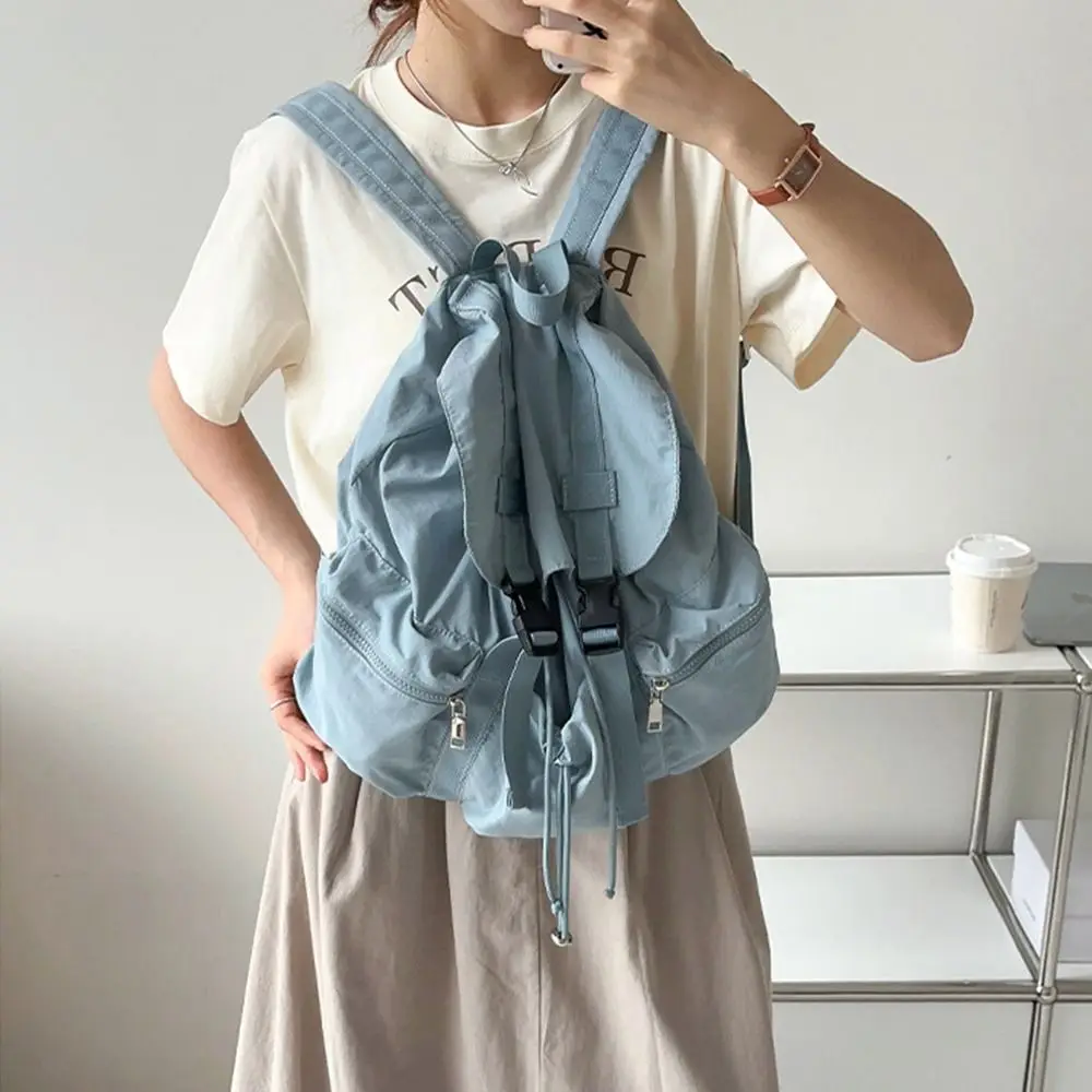 

Korean Solid Color Drawsting Backpacks Light Weight Large Capacity Ruched Shoulder Bags Nylon Casual Student Schoolbag Outdoor