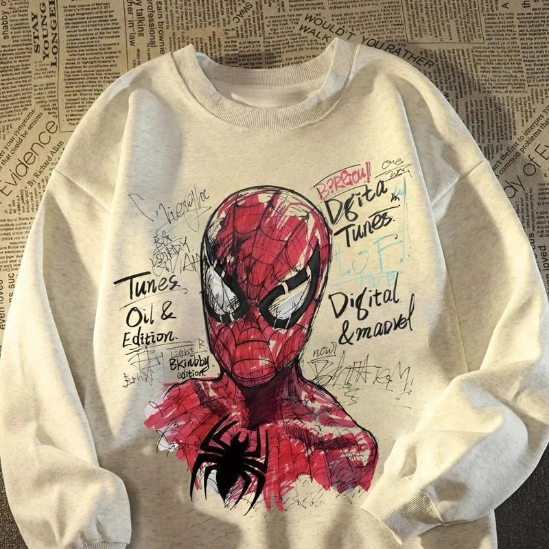 Outono e inverno homem aranha impresso americano retro em torno do pescoço hoodie masculino e feminino na moda versátil topo