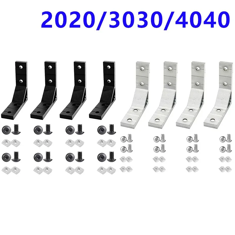 4 Sets 2020 2040 2080 Aluminum Extrusion Profile Connection 4pcs 78x78mm L Bracket 16pcs Nuts Bolts for Extruded Aluminum Rail