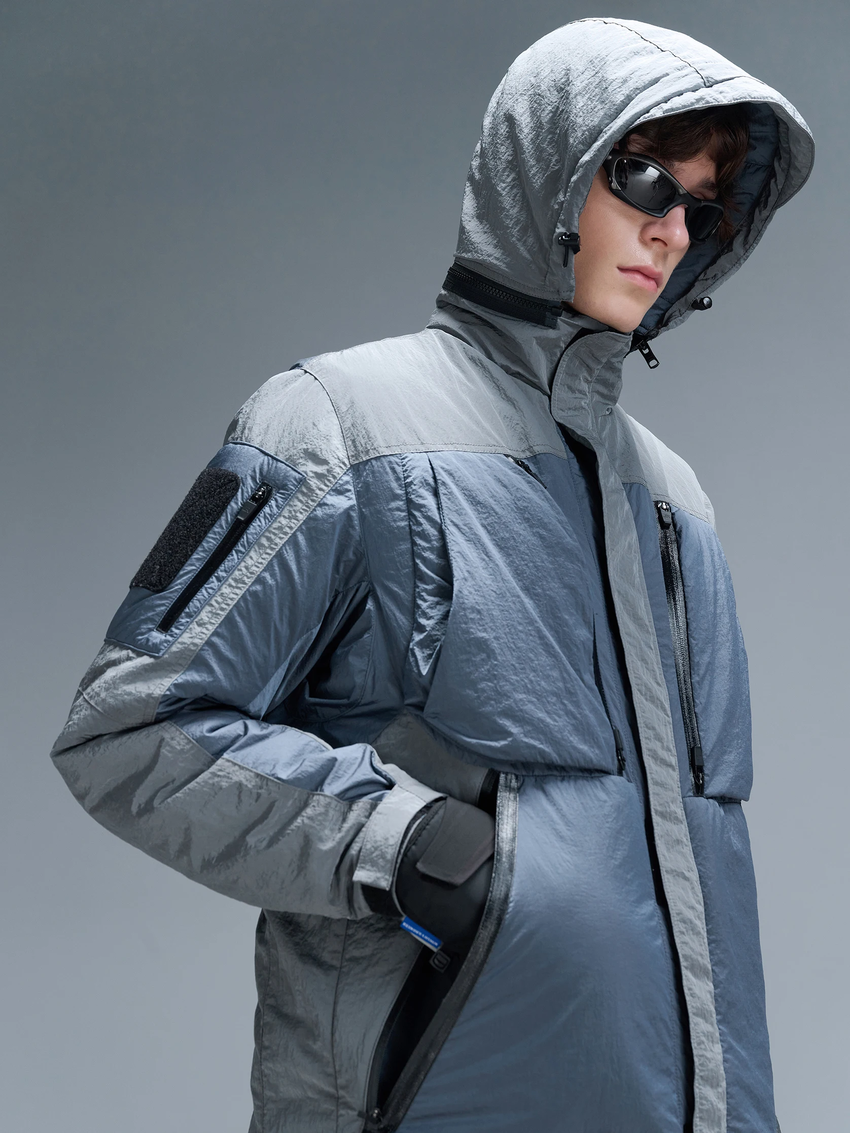 

REINDEE LUSION 24AW 0235 Теплая наклонная пальто средней длины с двусторонней молнией, уличная рабочая одежда с несколькими карманами