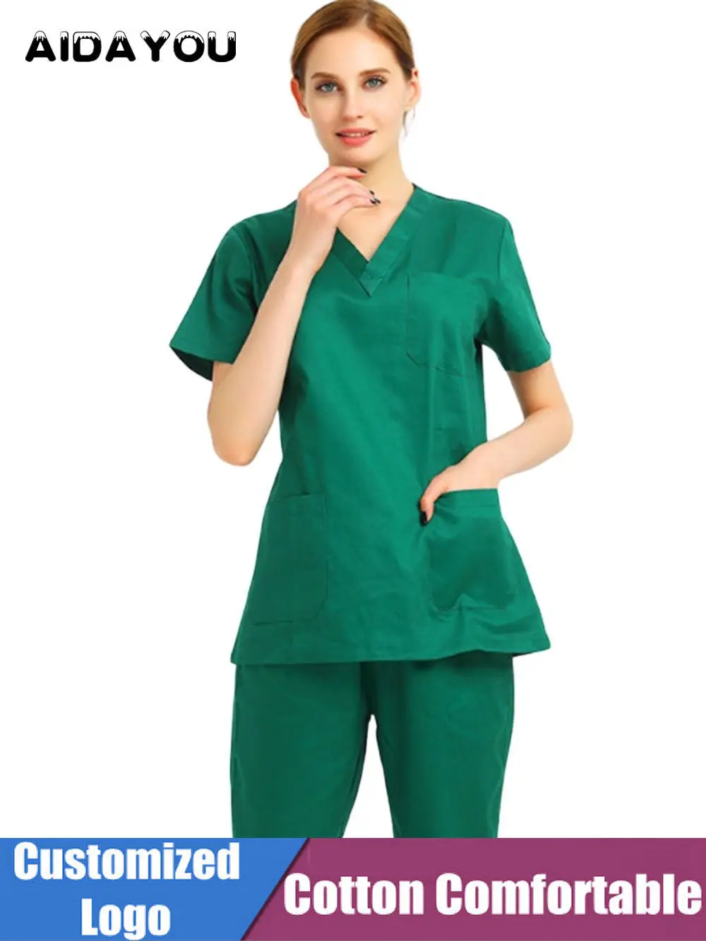 

Women Scrubs Set Customized Logo Workwear Medical Uniform V-Neck Hospital Doctor Nurse Suit Healthcare Cloth Pockets ouc2554a