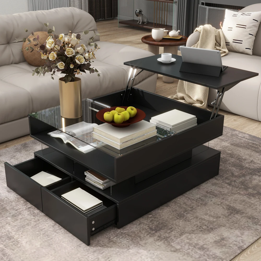 

Lift-Top Coffee Table with 2 Drawers,Coffee Table with Glass Top，High-Gloss Finish,Hidden Space and LED Lights for Living Room