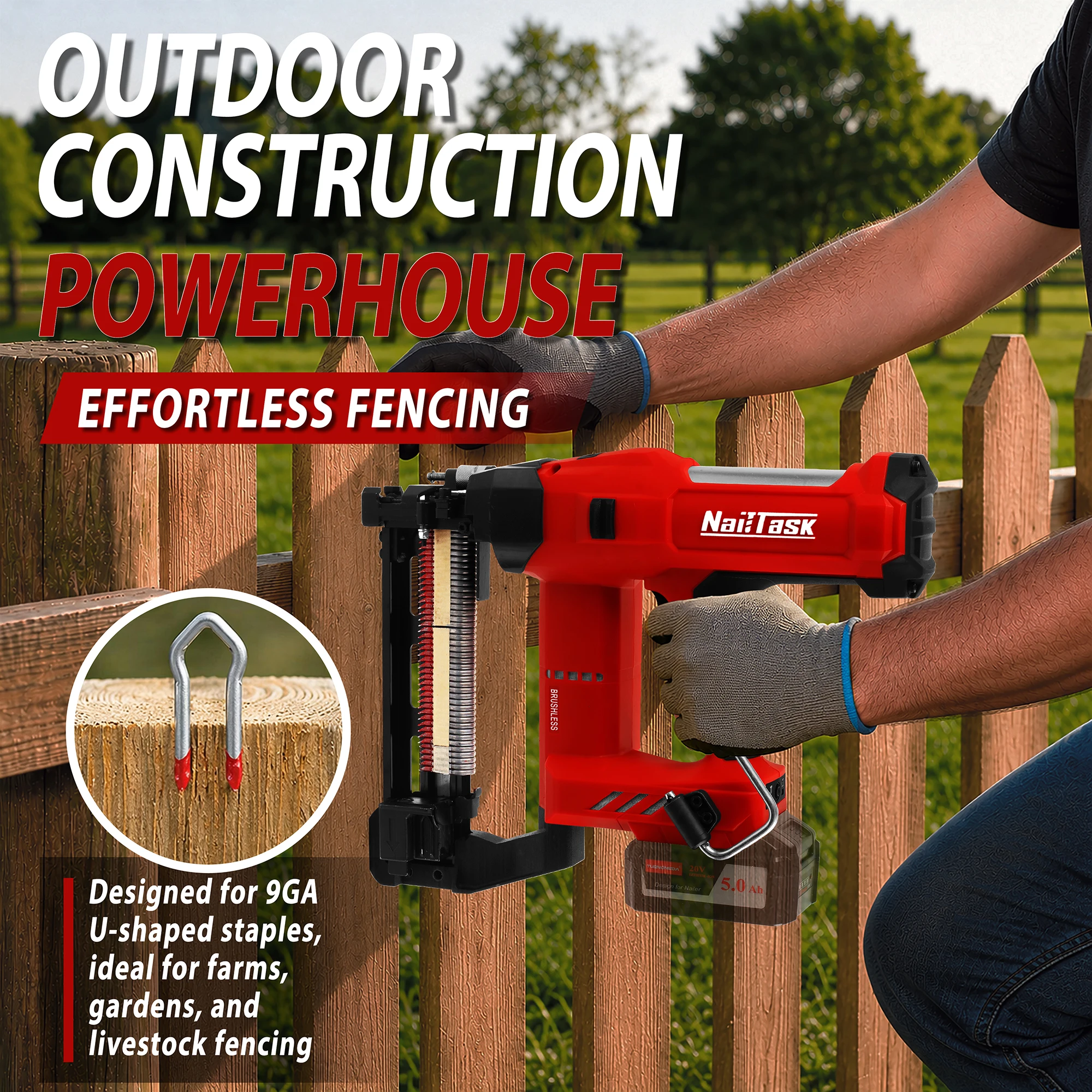 NailTask DCFS90 Brushless Cordless Fence Staple Gun Adjustable Depth for Decking Garden Fences Outdoor Construction No Battery