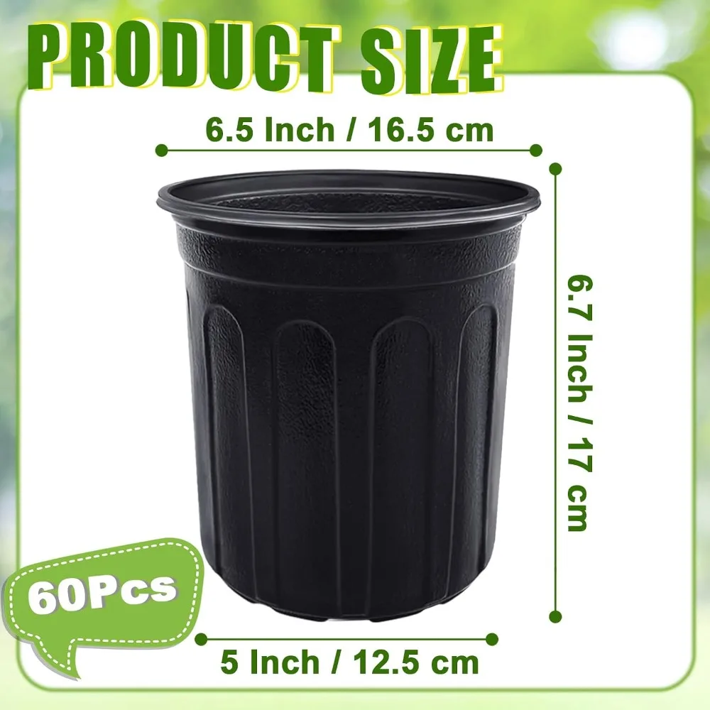 60 Pcs 1 Gallon Flexible Plant Nursery Pots with Drainage Holes for Succulents, Cuttings, Transplanting - Black