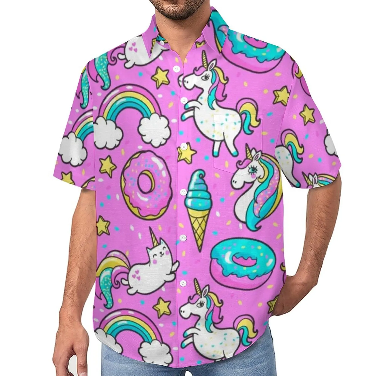 

Cute Doughnut Vacation Shirt Rainbow UnicornIce Creams Hawaii Casual Shirts Male Stylish Blouses Short Sleeve Top Plus Size