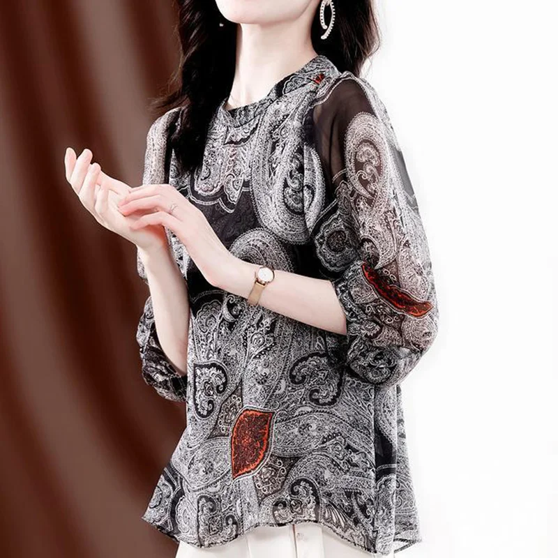 Elegant Fashion Casual Printed Gauze Chiffon Shirt Summer Autumn 2023 Half Sleeve O-Neck Loose Pullovers Blouse Women\'s Clothing