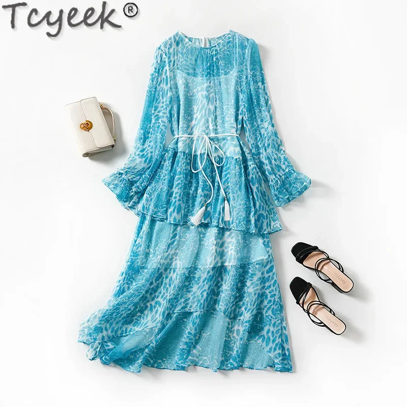 

Real Tcyeek Mulberry Silk Chic and Elegant Woman Spring Summer Print Fairy Blue Dresses Women Clothes 2024