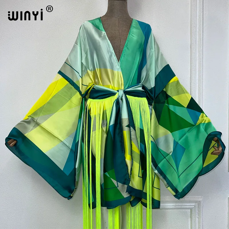 WINYI kimono boho moda afryka odzież plażowa lato klasyczny nadruk osłona do bikini sweter seksowna wakacyjna sukienka z długim rękawem i frędzlami