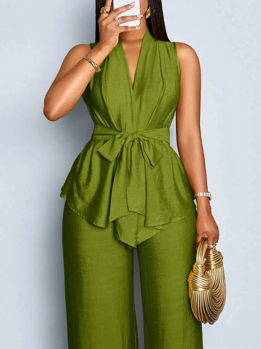 

Olive Green Sleeveless V-Neck Top And Wide Leg Pants Two Piece Set