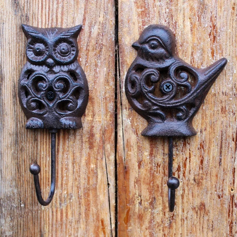 Vintage Cast Iron Hook Hollowed Out Bird Owl Hooks Pendant Wall Hanger Coat Hat Hook Decorative Hooks Key Hanger Storage Rack