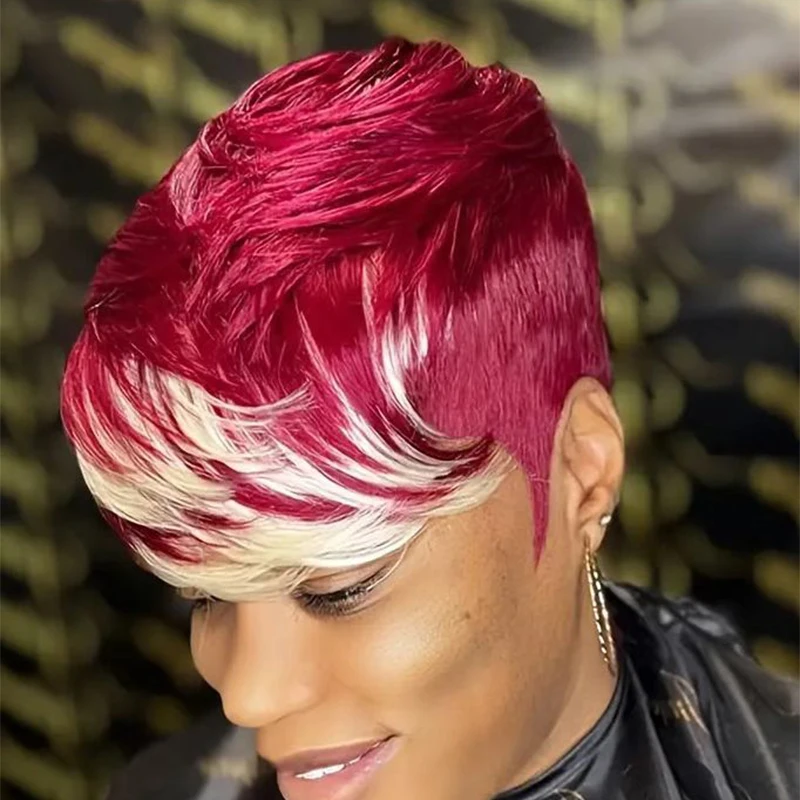 Short Layered 6 Inch Pixie Cut Wig Daily Machine Made Human Hair Wigs Burgundy Mix Blonde Highlight Ready To Wear For Women