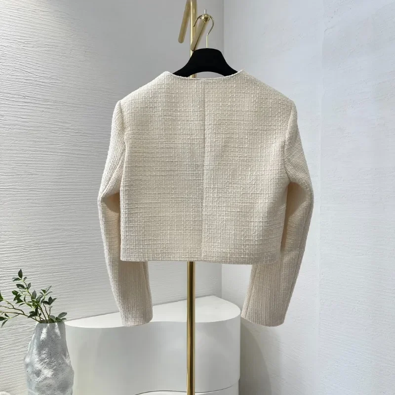 White Beige Square Collar High Quality New Arrivals 2024 Fashion Elegant Autunm Winter Tweed Long Sleeve Short Jacket