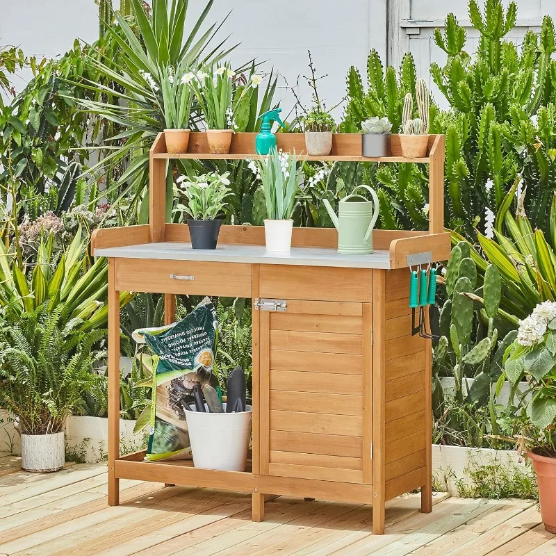 Topeakmart Outdoor Potting Bench Table Work Station Garden Planting with Cabinet & Drawer & Top Shelf & Lower Shelf Natural Wood