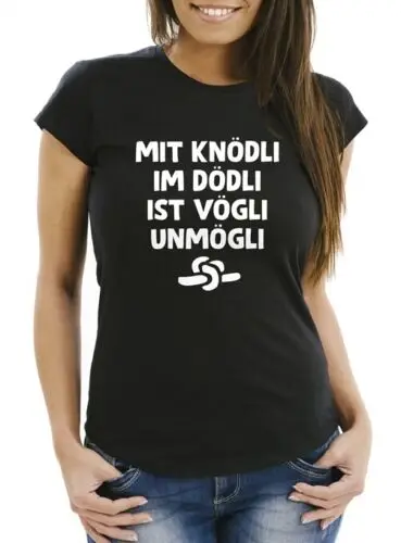 Damen T-Shirt Mit Knödli im Dödli ist Vögli unmögli lustig Toiletten-Witz