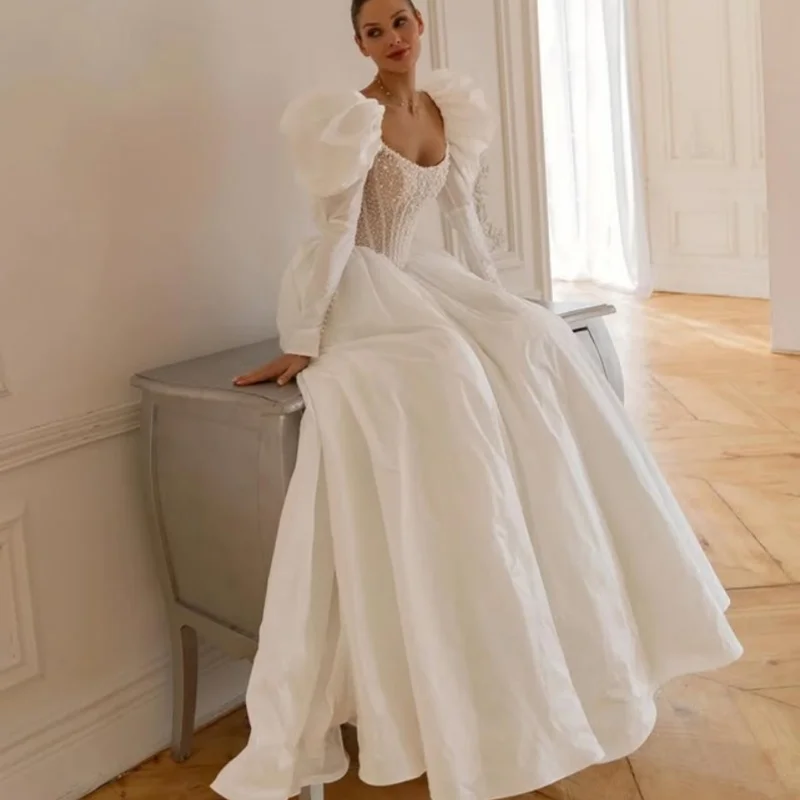 فساتين زفاف بيضاء خارج الكتف مشد لؤلؤة الديكور فساتين الزفاف ألف خط متعدد الطبقات صنع تخصيص #5