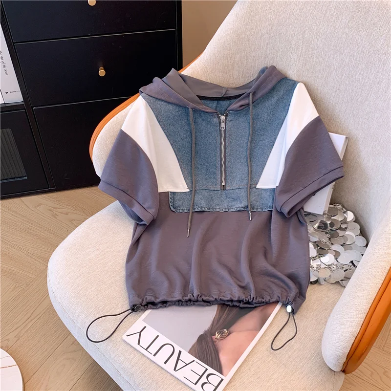 2024 Summer New Stitched Zipper T-shirt top Female Set Elegant Women\'s shorts Casual Blouse Two Piece Set Ladies Tracksuits big