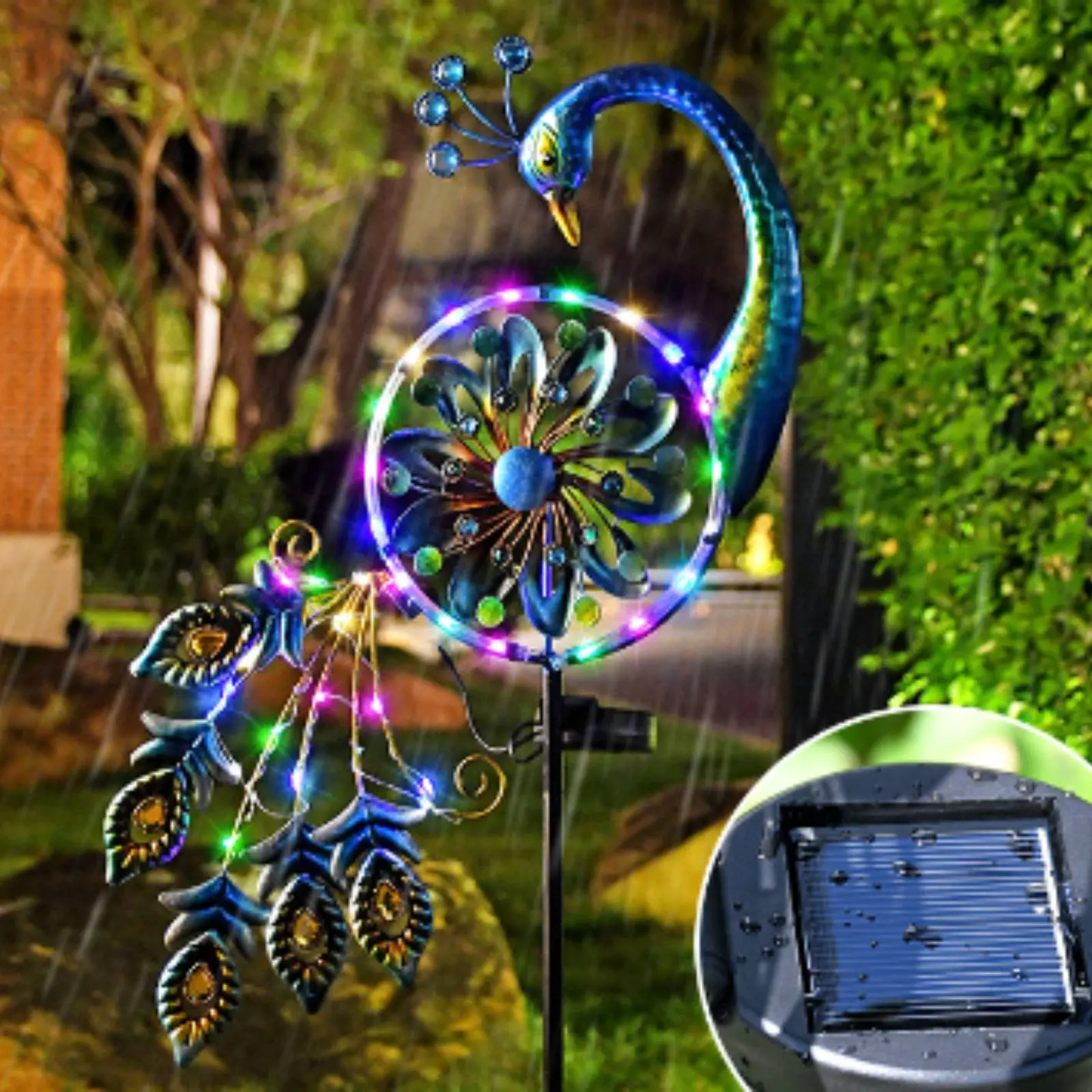 Solar Peacock Wind Windmill Waterproof Peacock Garden Stake Lamp Lighted Wind Sculpture Decorative LED Metal Garden Wind