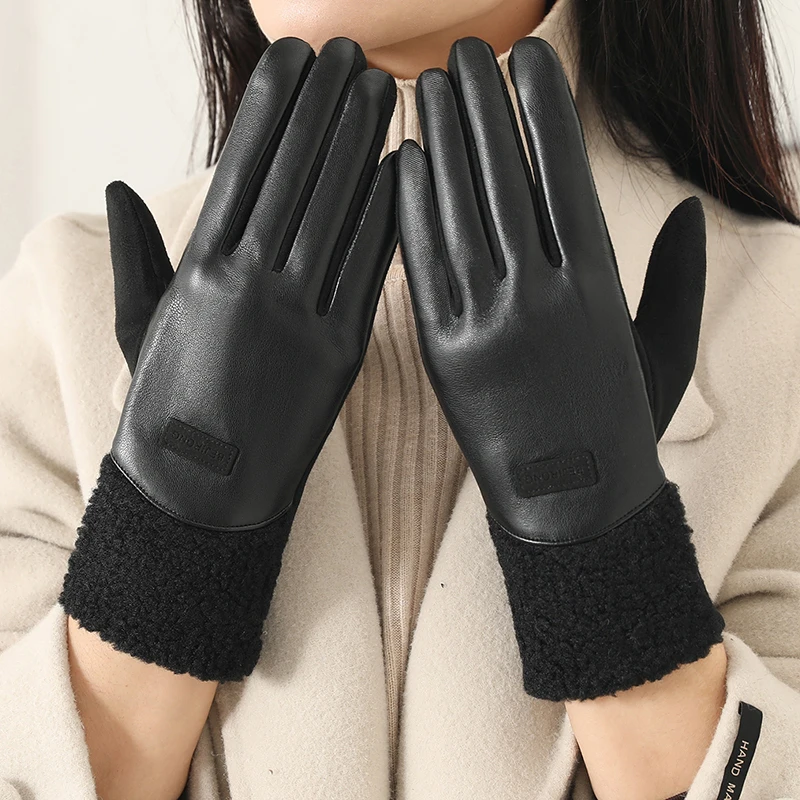 Fashion PU Leather Splicing Suede Thickened Fleece Lined Keep Warm Touch Screen Gloves Women Winter Elegant Cycling Driving
