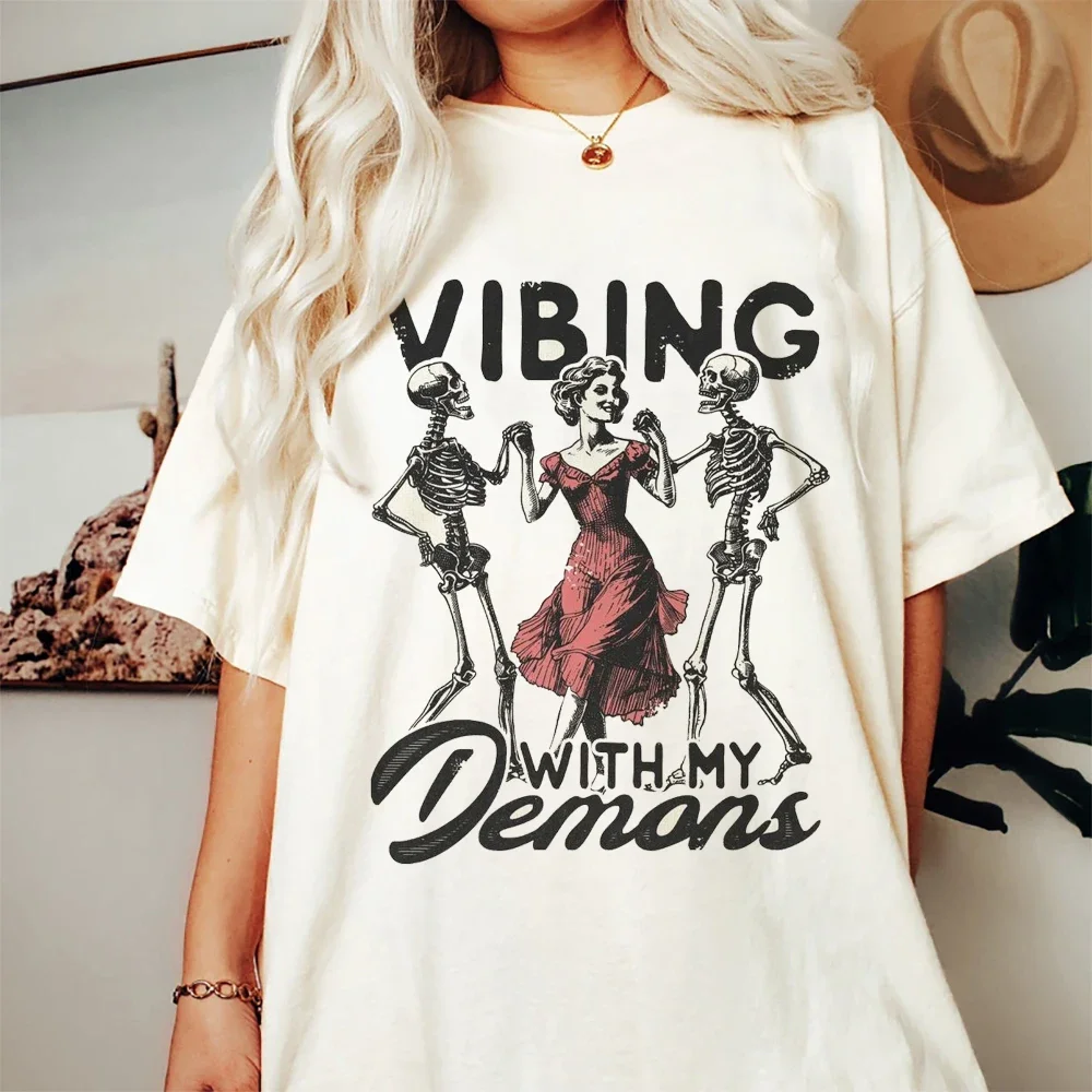 

Trendy Retro Printed Summer Sleeves O-Neck Fashionable Versatile T-Shirt for Women Cartoon Skull Printed Loose Top T-Shirt