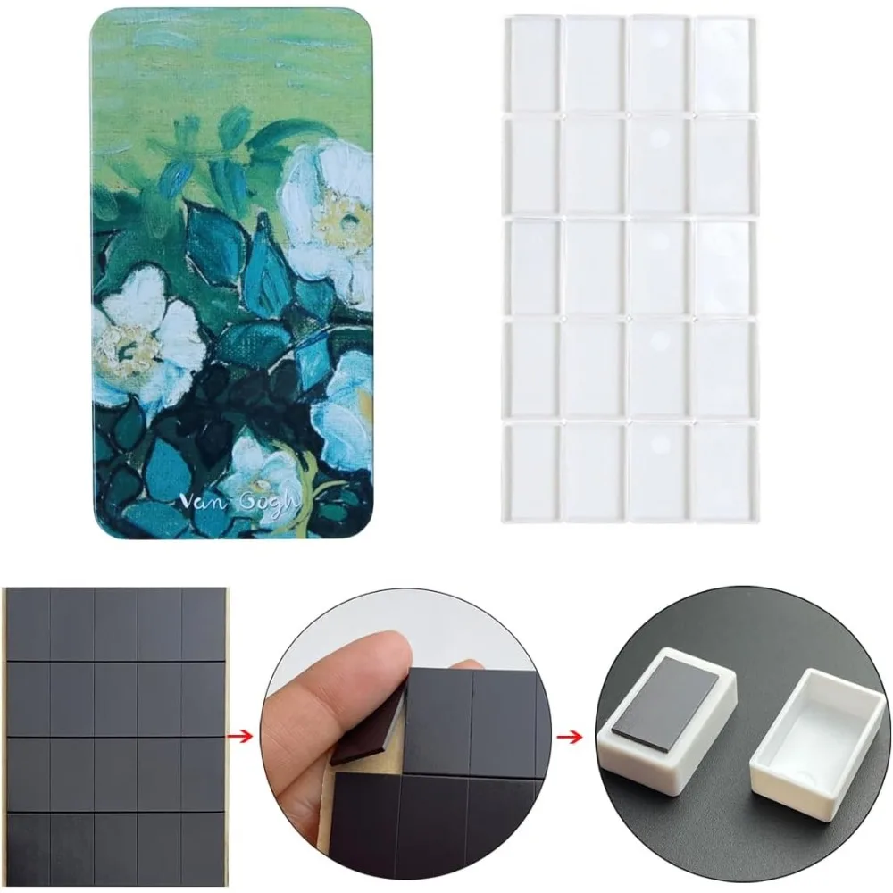 20-Pan Watercolor Tin with Magnetic Squares, Portable Metal Palette for Artists