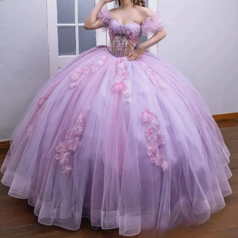 

Lilac 3D Flowers Beading Crystal Ball Gown Quinceanera Dresses Illusion Off The Shoulder Sweet 16 Vestido De 15 Anos