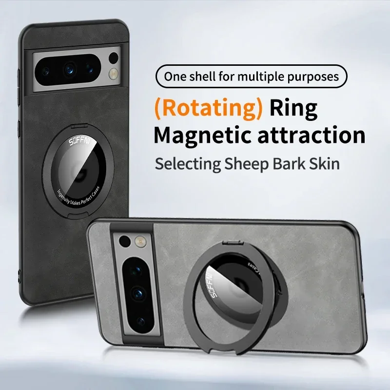 Luxury Magnetic Ring Bracket Case For Google Pixel 9 8 7 6 Pro 8A 7A 6A Leather Wireless Charge Magsafe Cover For Pixel 9 XL