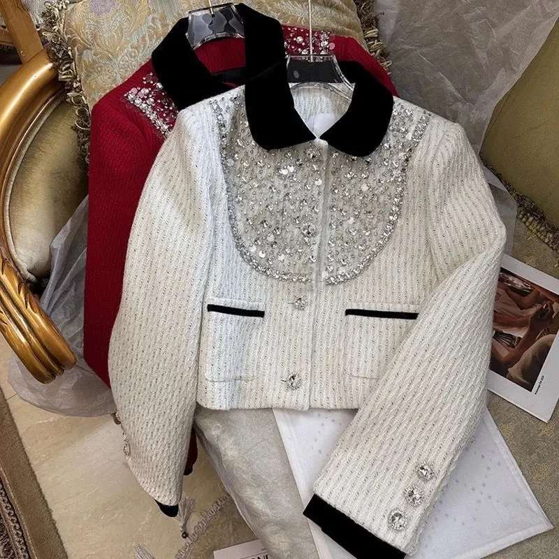 Giacca di Tweed con decorazione di strass primaverili per le donne cappotto di paillettes femminile elegante squisito autunno Trendy capispalla per