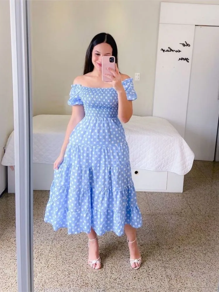 Vestido largo con estampado Floral a la moda para primavera y verano, vestido Sexy con hombros descubiertos para fiestas de mujer, vestido elegante de longitud media