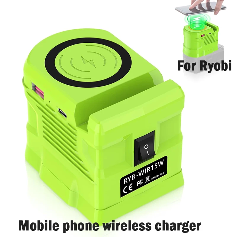 Wireless Charger Adapter for Ryobi 18V Battery, USB Type C Port, Cordless Power Source Converter for Phone Tablet