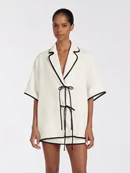 Marthaqiqi Casual Ladies Nightwear Set Half Sleeve Nightie Sexy Turn-Down Collar Pajamas Short Skirt Loose Female Sleepwear Suit