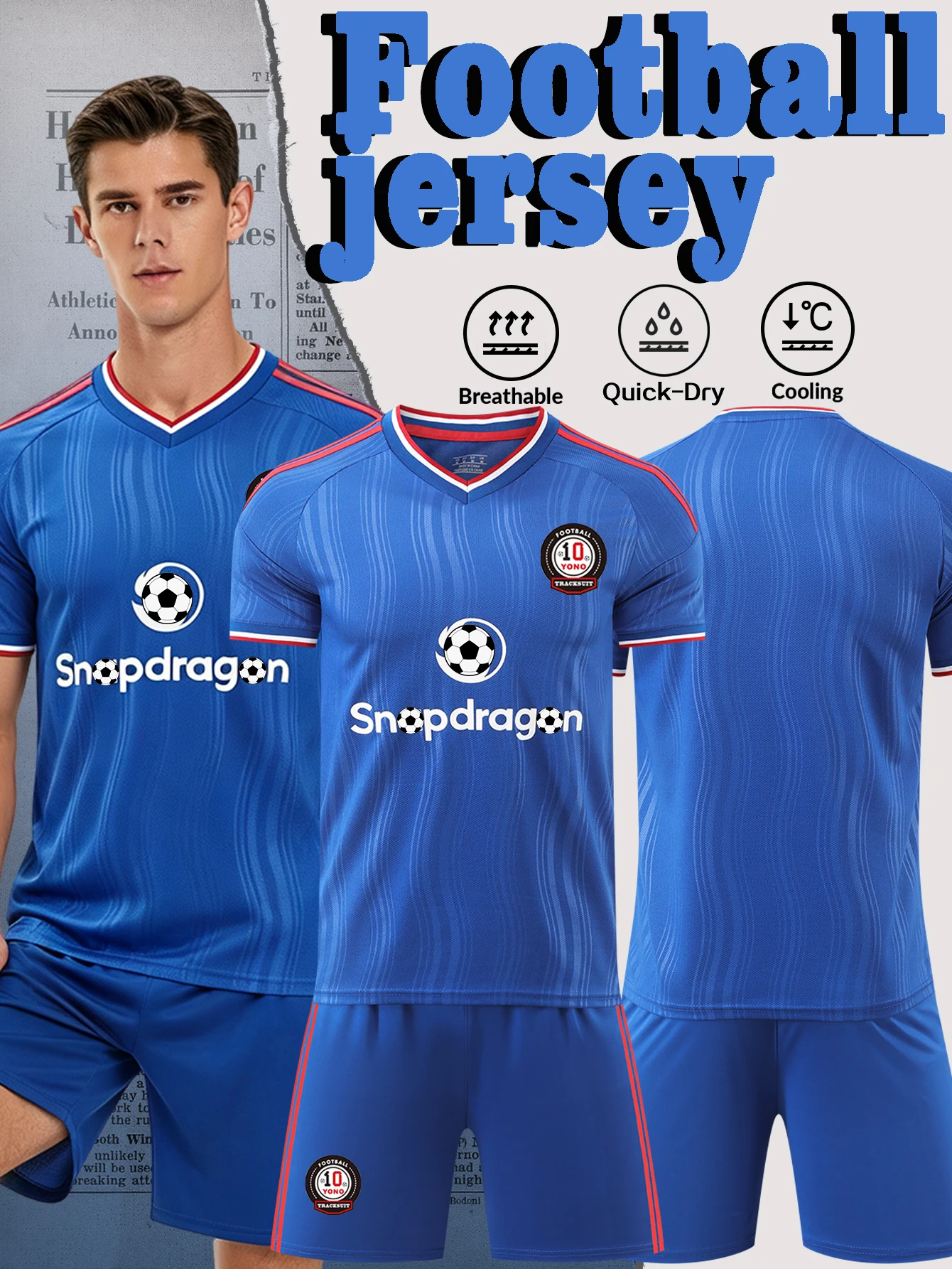 Men Blue Short Sleeve Soccer Jersey Set Football Uniform Quick Dry Breathable Shirt Shorts Training Sportswear Kit
