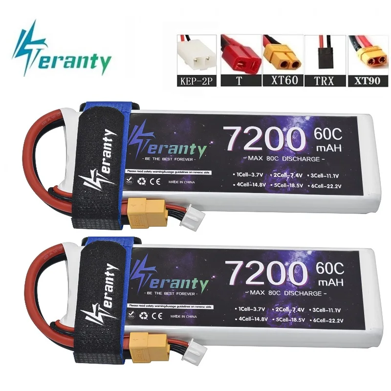 TERANTY-batería de litio para coche de carreras a control remoto, 7,4 v, 2S, 7200mAh, 60C, para Drones, barcos, aviones, FPV, con conector XT60