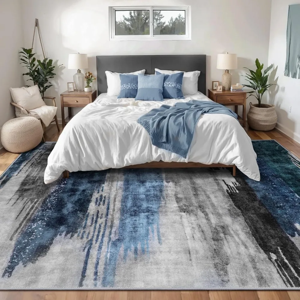 سجادة منطقة معاصرة باللون الأزرق الرمادي العميق لمساحات المعيشة، 8 × 10 أقدام، قابلة للغسل في الغسالة، غير قابلة للانزلاق، كومة منخفضة، ديسي حديثة عالية البحث