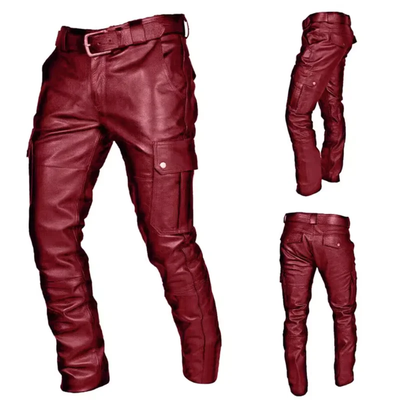 Nuevos pantalones sueltos de piel sintética para hombre, moda negra/roja/marrón, pantalones multibolsillos para motocicleta de ocio diario para hombre, talla grande 5XL