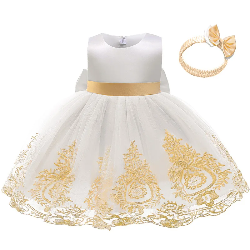 LZH Girls Lace Embroidery Princess Dress With headband For Toddler Baby 1st Year Birthday Christmas Evening Gown Infant Clothing