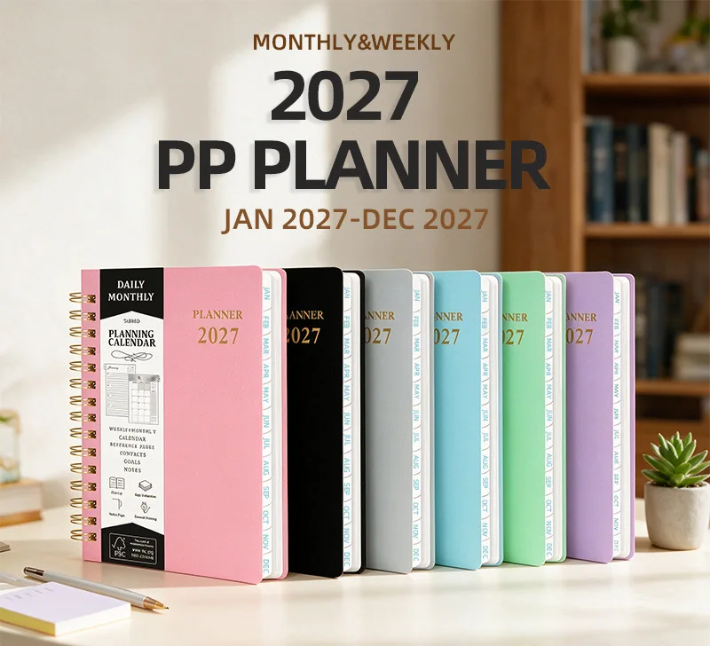 2027 PP Cover Planner A5 Spiral Weekly Monthly Notebook With Month Index Tabs Agenda Schedule Organizer Office School Stationery