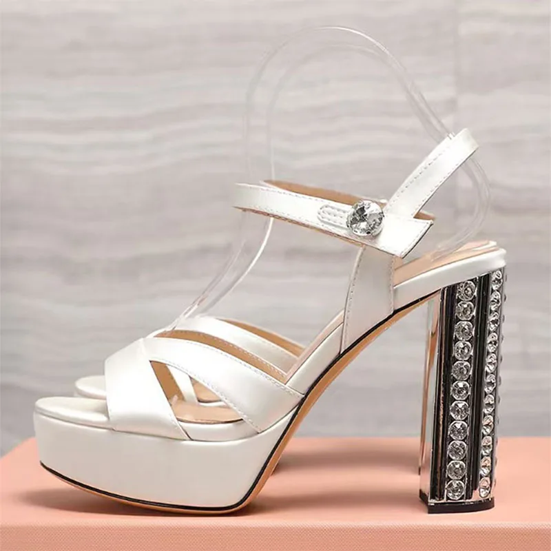 Sommer Super High Heels Sandalen Frauen Strass Verzierte Party Kleid Schuhe Frauen Kristall Quadratische Fersen Plattform Sandalen Frau