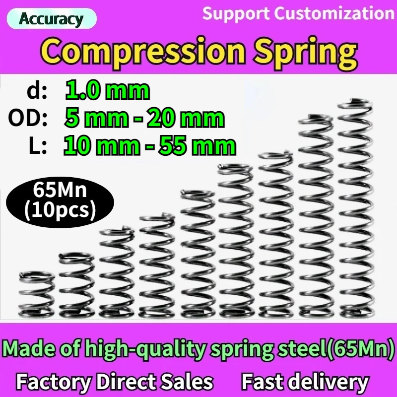 65Mn Wire Diameter 1.0 mm Cylidrical Coil Compression Spring Return Compressed Springs Release Pressure Spring Steel Coils