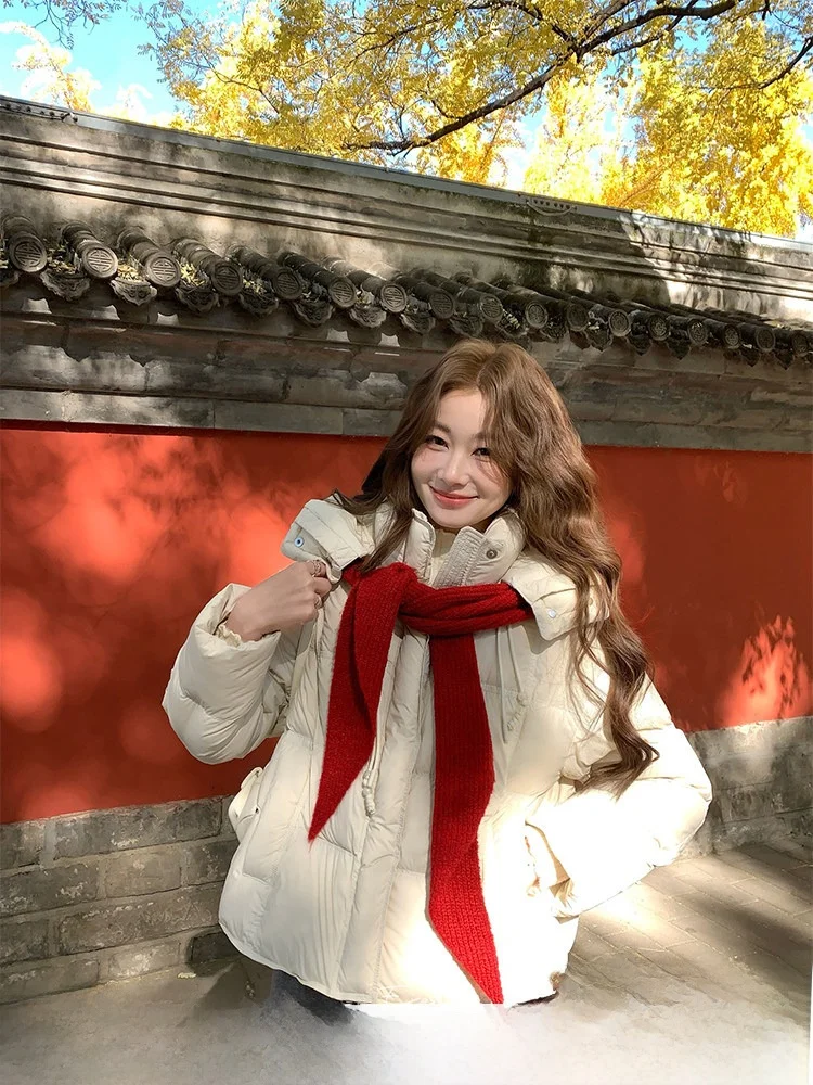 

EIA Puffy Warm Bag 90 White Du down Jaet Women Winter Korean Sle Warm Hooded ort Coat Casual Loose Fit Zipper Closure