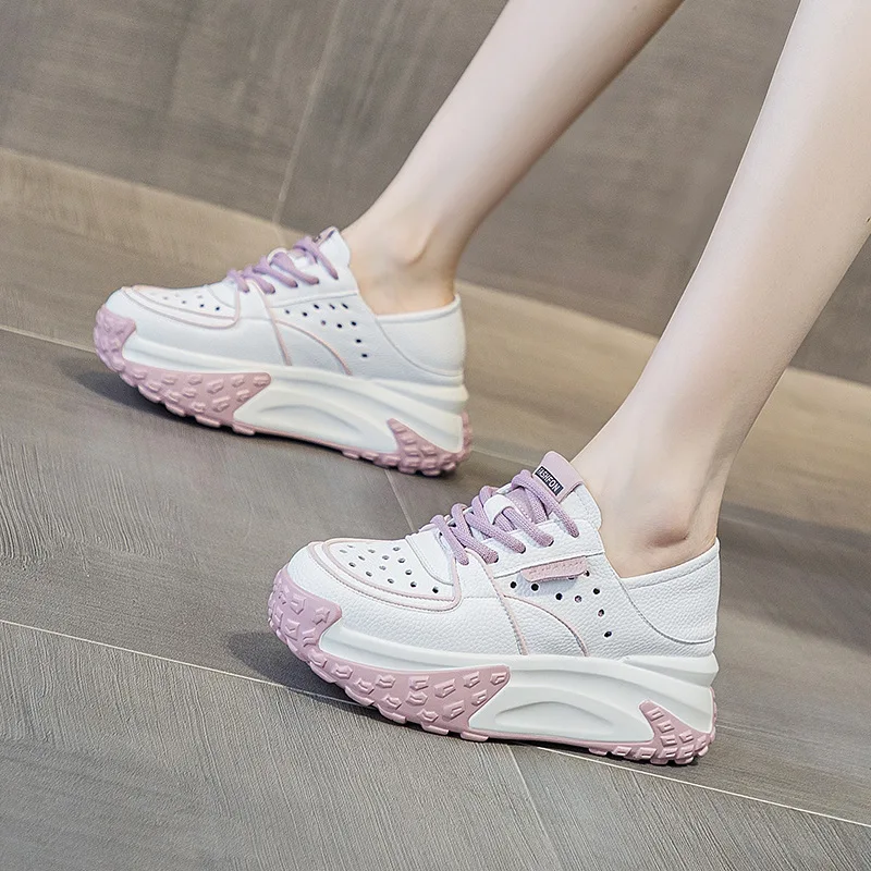 

GKTINOO Genuine Leather Sandals Summer Brand Comfy Lace Up Platform Vulcanize Women Chunky Sneakers Hollow Summer Loafers Shoes