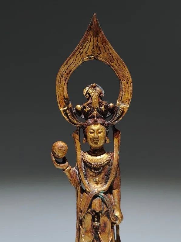 Old Chinese Dynasty Bronze Ware 24 K Gold Guanyin KwanYin Goddess Buddha Statue