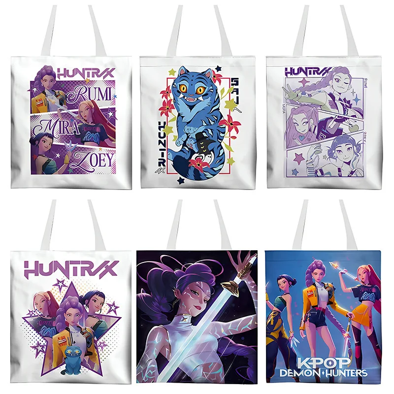 

Girls and Monster Canvas Eco-friendly Shopping Bags Machine Washable Tote Bag White High-capacity Storage Bag Fashion Handbags