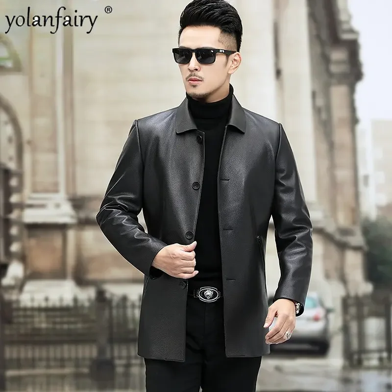 New Genuine Leather Jackets for Men Medium Long Lapel Casual Goatskin Deerskin Pattern Leather Jacket Men Spring Autumn Coat FCY